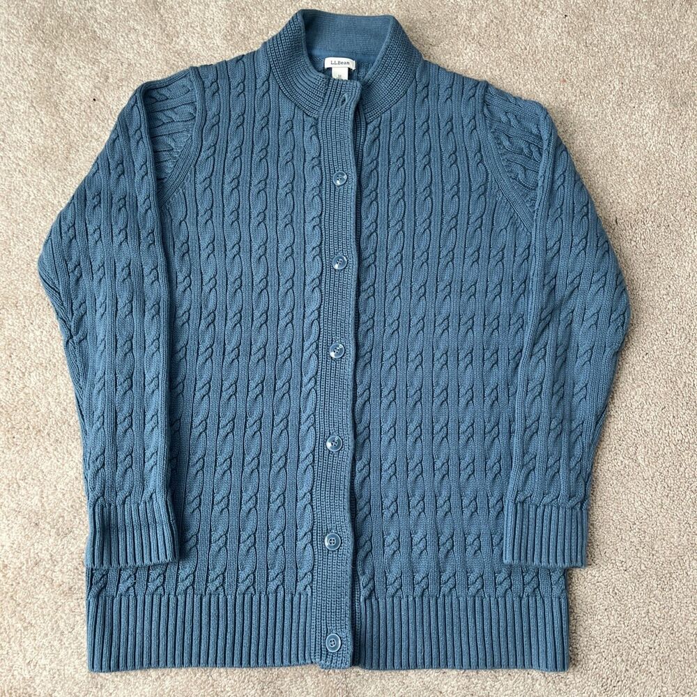LL Bean Cable knit Cardigan Double L Womens Medium Blue Button Cotton Cottage